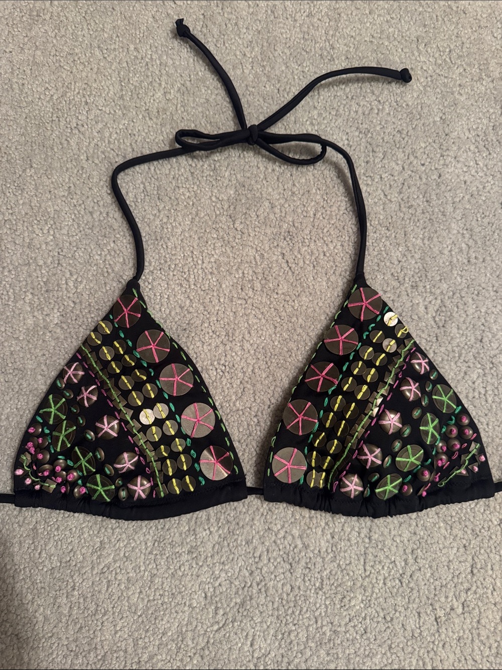 Victoria's Secret Black Beaded Triangle Bikini Top with Multicolor Embroidery